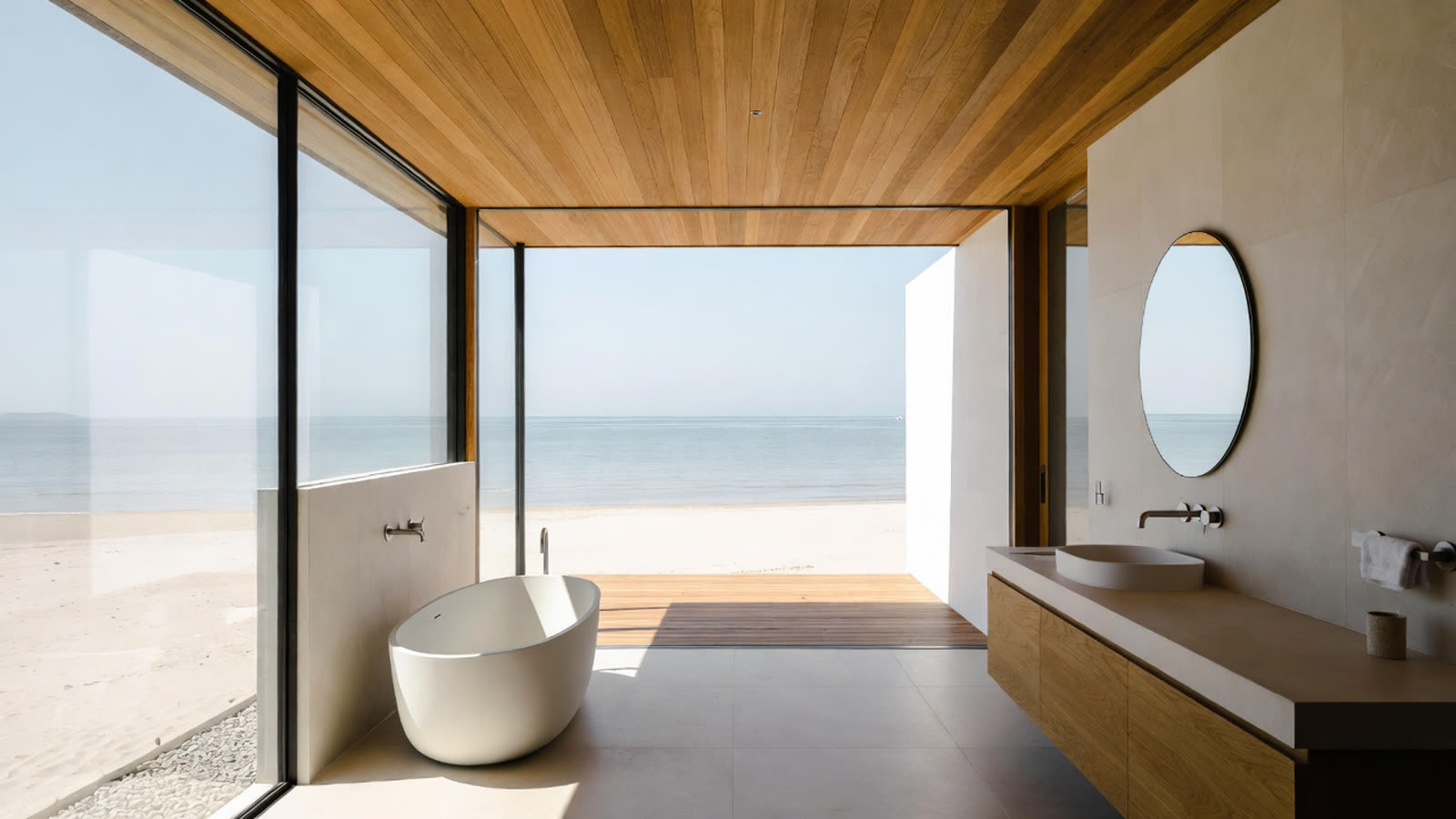 Ensuite with a freestanding bath and ocean view